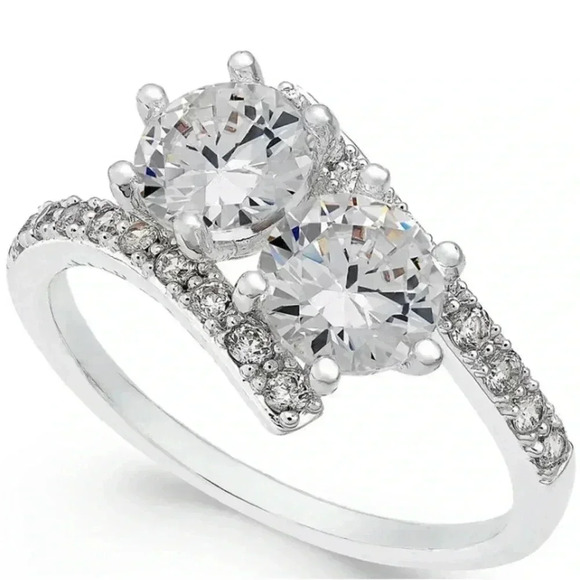 Fine Silver Plate Cubic Zirconia 2-Stone Ring - Picture 2 of 5